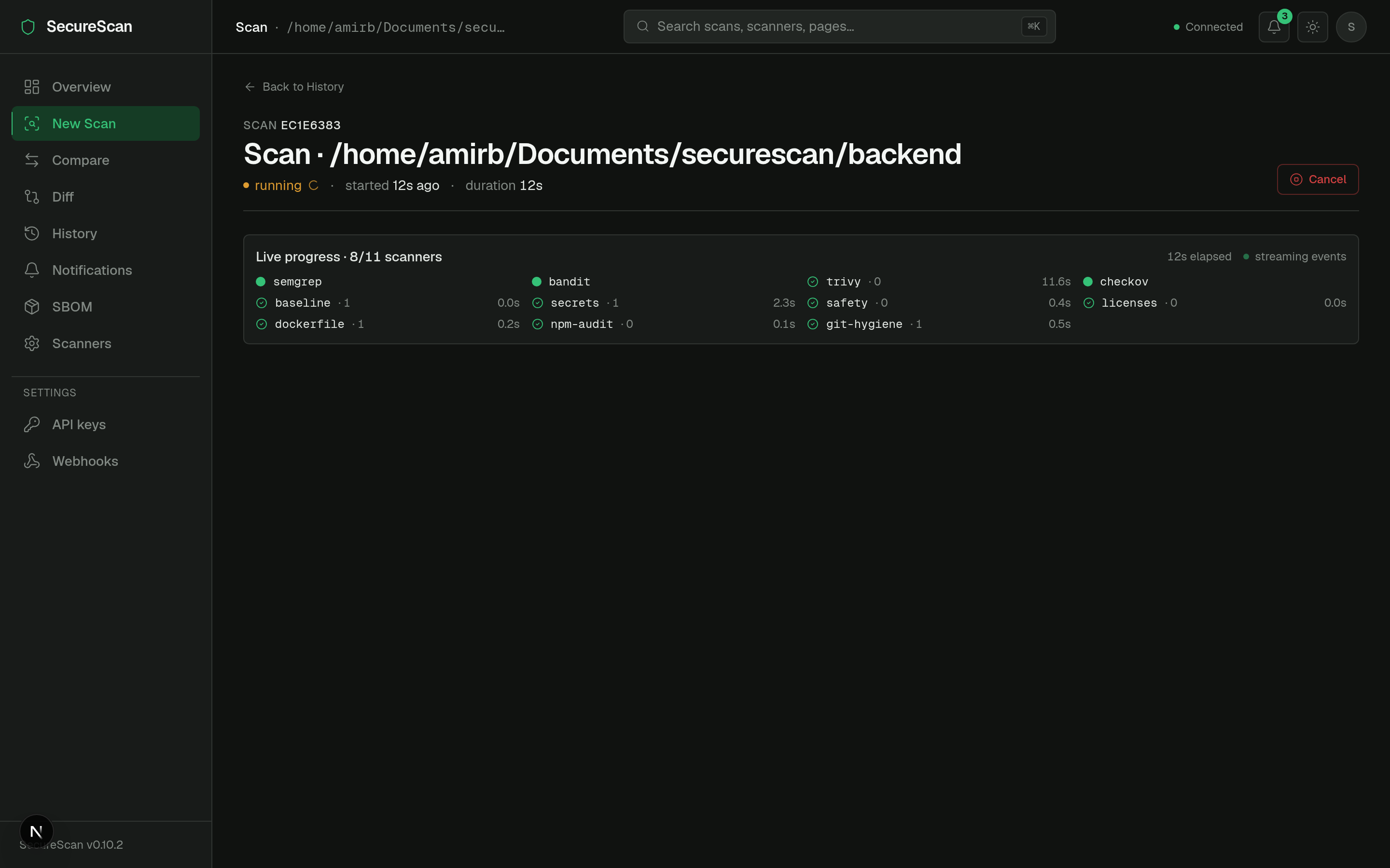 Live scan progress streaming over SSE