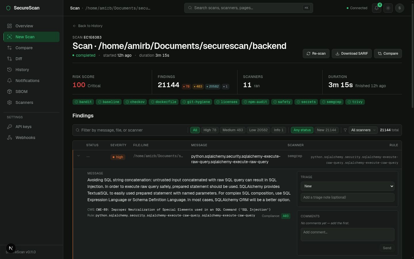 Expanded finding showing the triage and comments panels