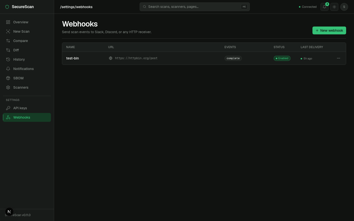 Webhooks settings page